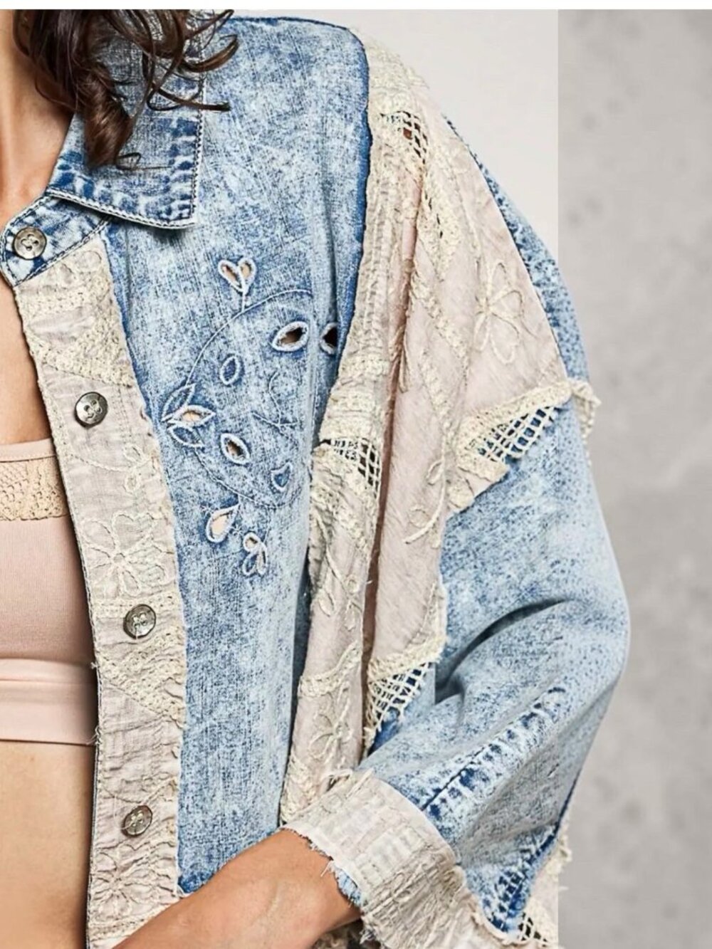 Pol Eyelet Ruffles Embroidered Crochet Patch Denim Jacket Relax Fit Size S M L - Picture 11 of 14